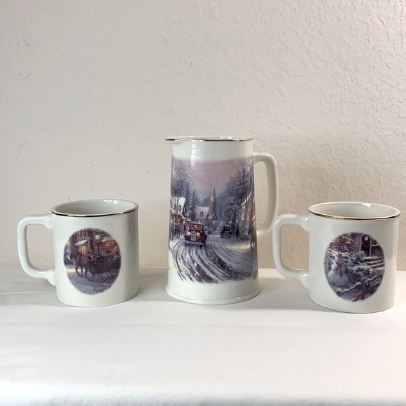 Thomas Kinkade Hallmark Pitcher and 2 coffee mugs Christmas Holiday - Picture 1 of 12